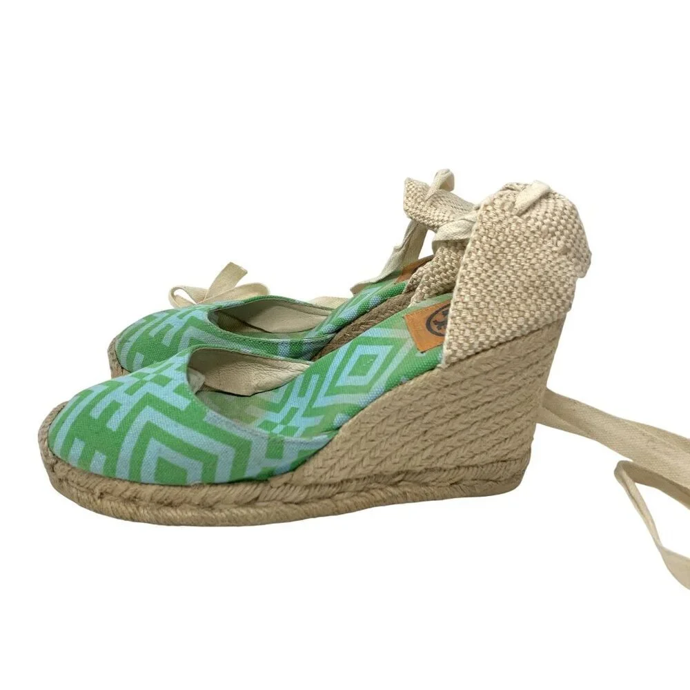 Tory Burch Green Patterned Espadrille Wedge Lace Up Sandals Size 8 Canvas Jute